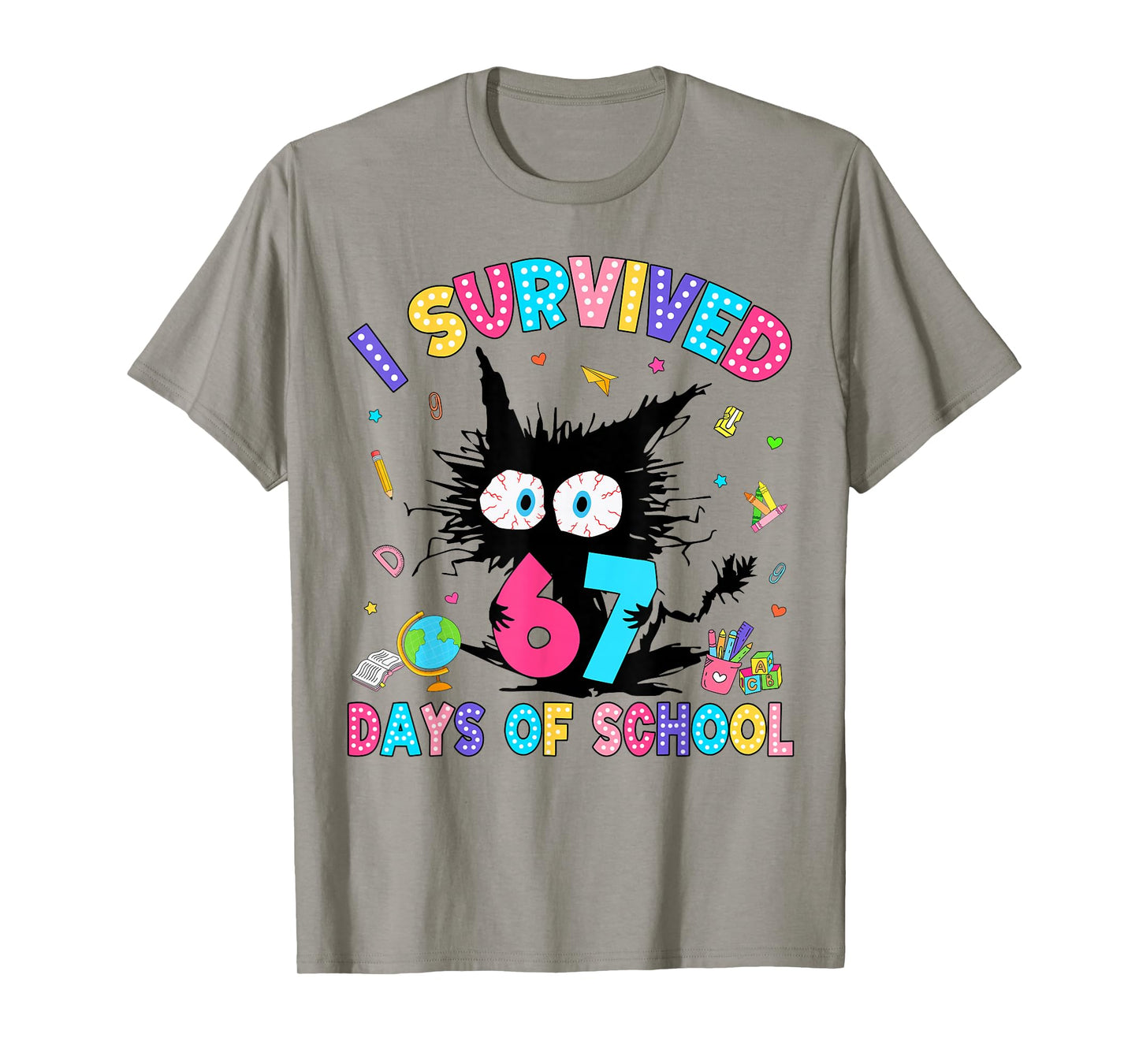 I Survived 67 Days of School Six Seven Meme Slang Black Cat T-Shirt