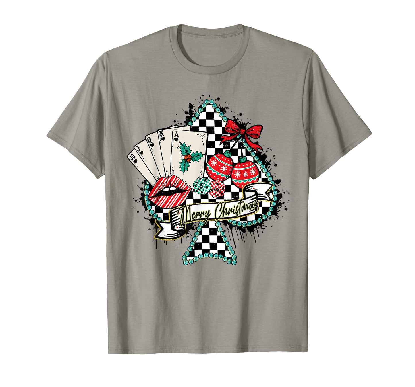 Merry Christmas Poker Queen Retro Checkered Spade Tee T-Shirt