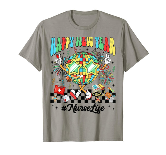Groovy Happy New Year 2026 Nurse Life Disco Ball Fireworks T-Shirt