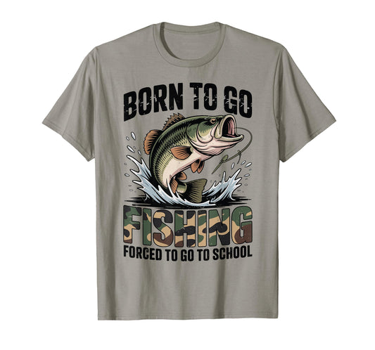 Youth Boy Camo Bass Fish Born Go Fishing Forced School Funny T-Shirt