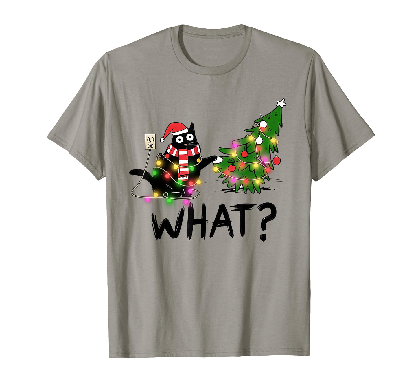 Funny Black Cat Gift Pushing Christmas Tree Over Cat What? T-Shirt