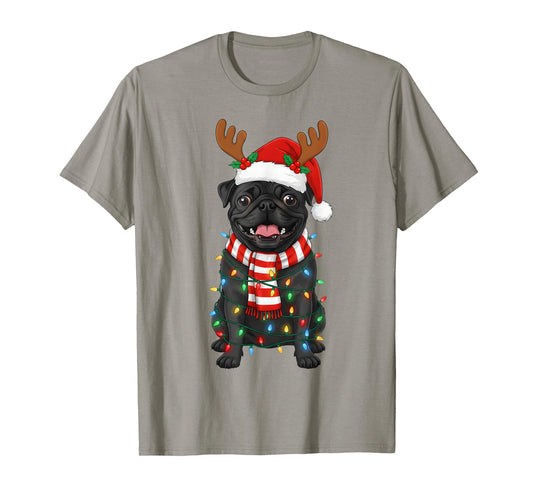 Black Pug Dog Tree Christmas Lights Xmas Pajama Men Women T-Shirt