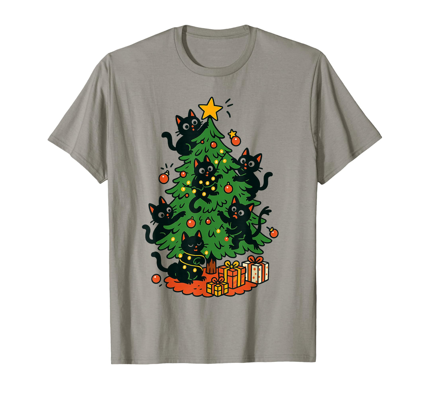 Christmas Black Cats Climbing Tree Funny Holiday Lights T-Shirt