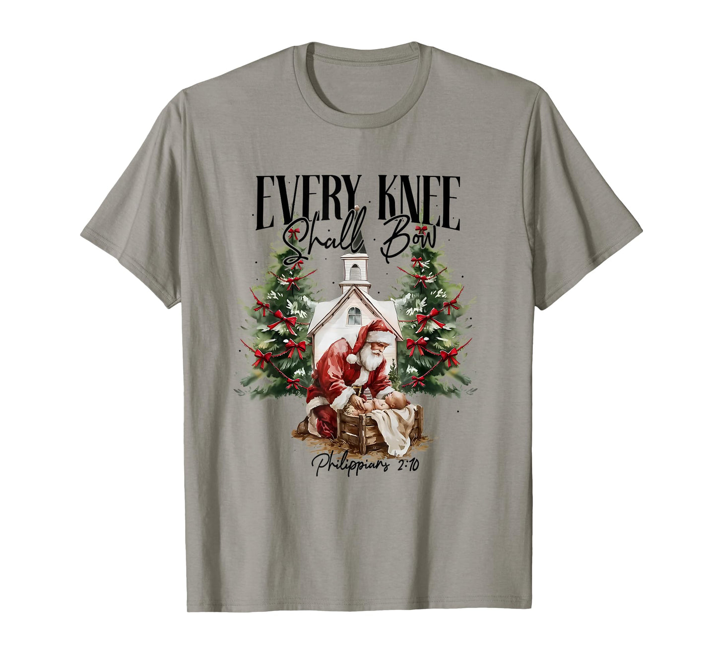 Every Knee Shall Bow Santa Christmas Nativity Scene Xmas T-Shirt