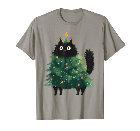 Cute Black Cat Christmas Tree Funny Kitten Lover Xmas Kids T-Shirt