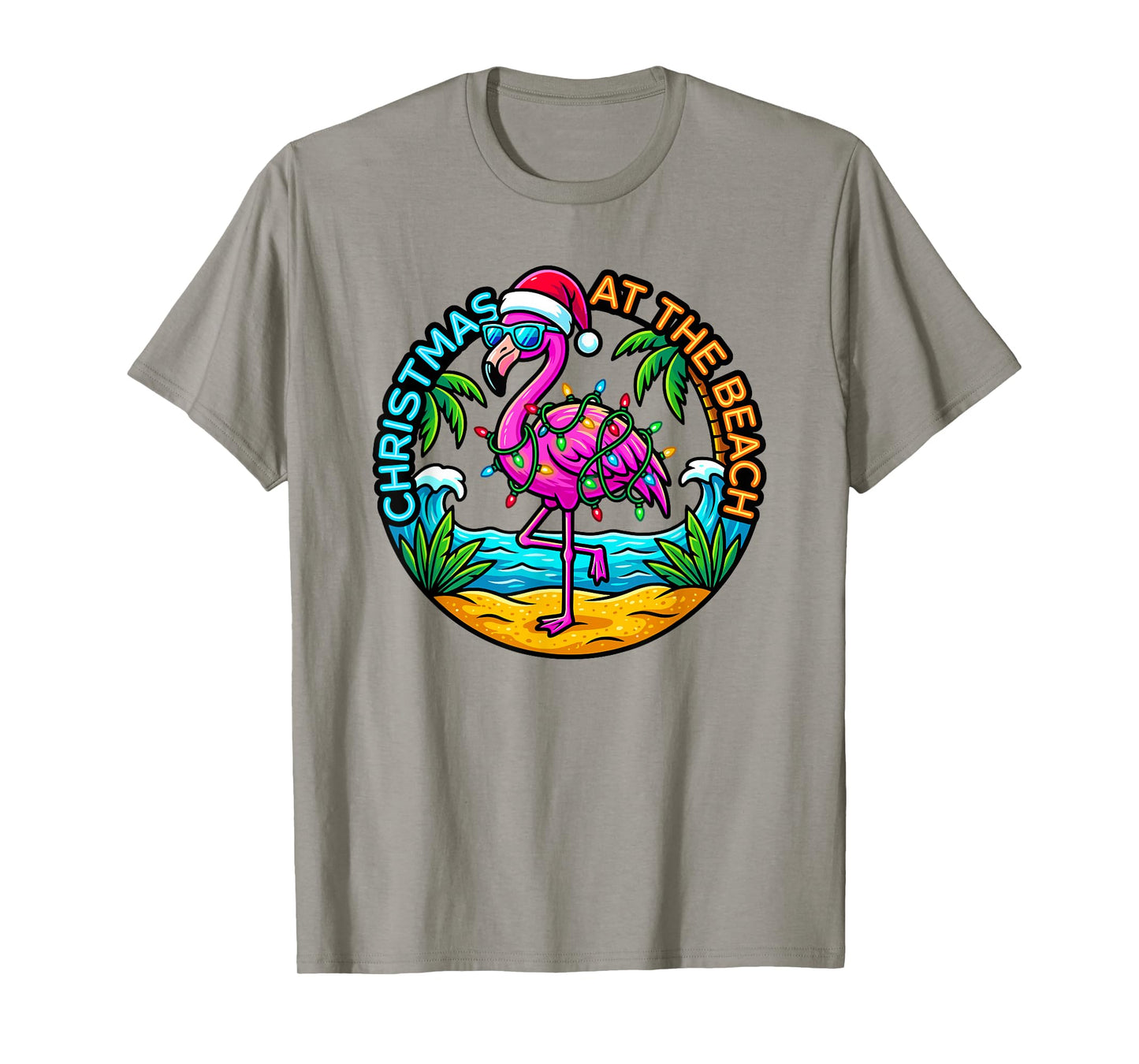 Christmas at The Beach Flamingo Santa Hat Tropical Xmas T-Shirt