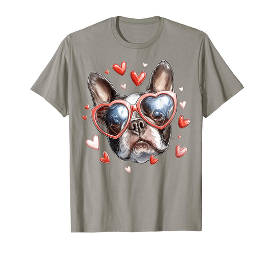 Boston Terrier Dog Valentine's Day Heart Sunglasses T-Shirt