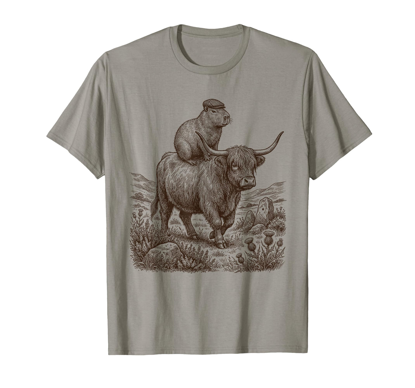 Funny Vintage Capybara Riding Highland Cow Lover T-Shirt