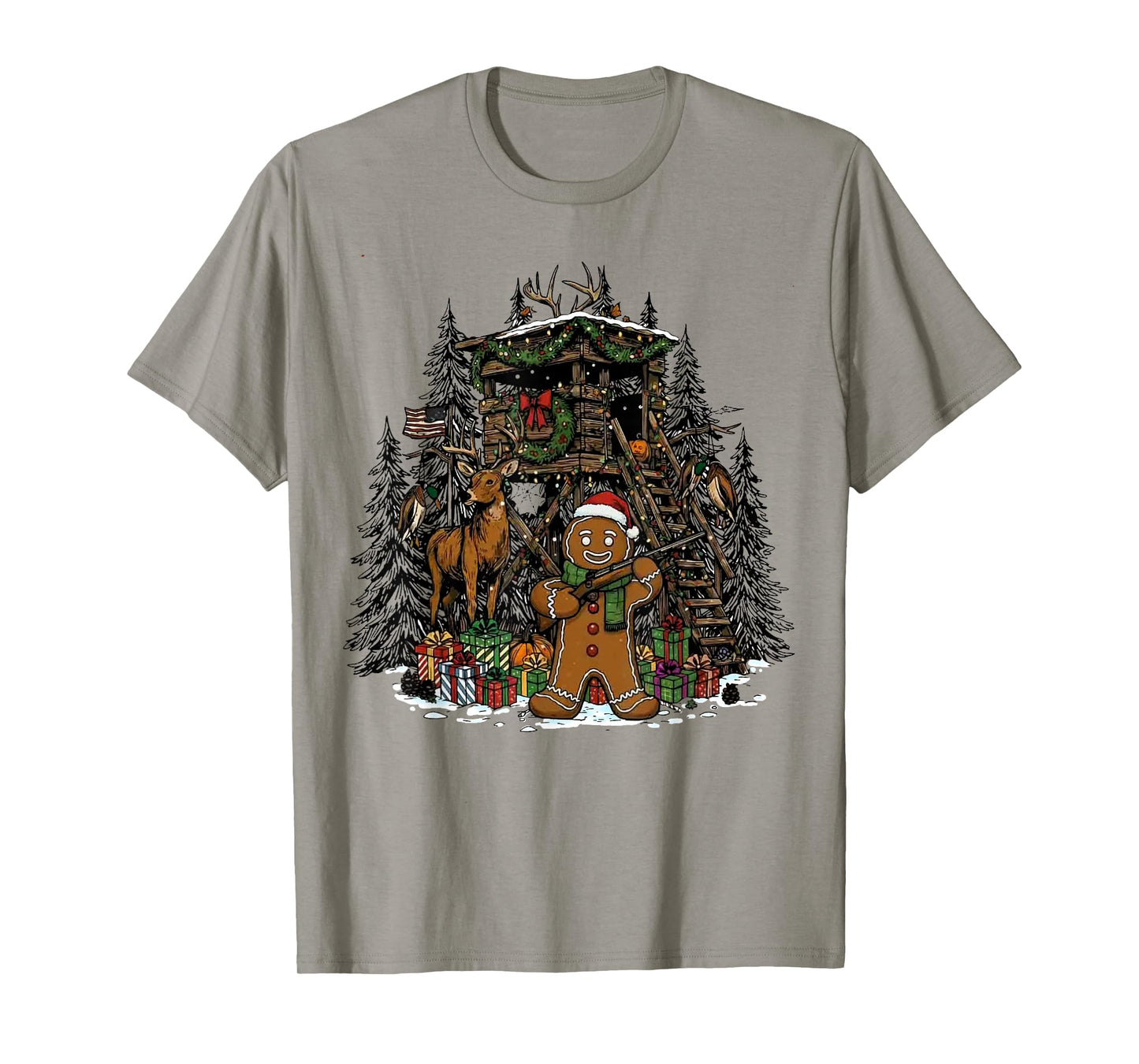 Retro Gingerbread Man Hunting Deer Christmas Cabin T-Shirt