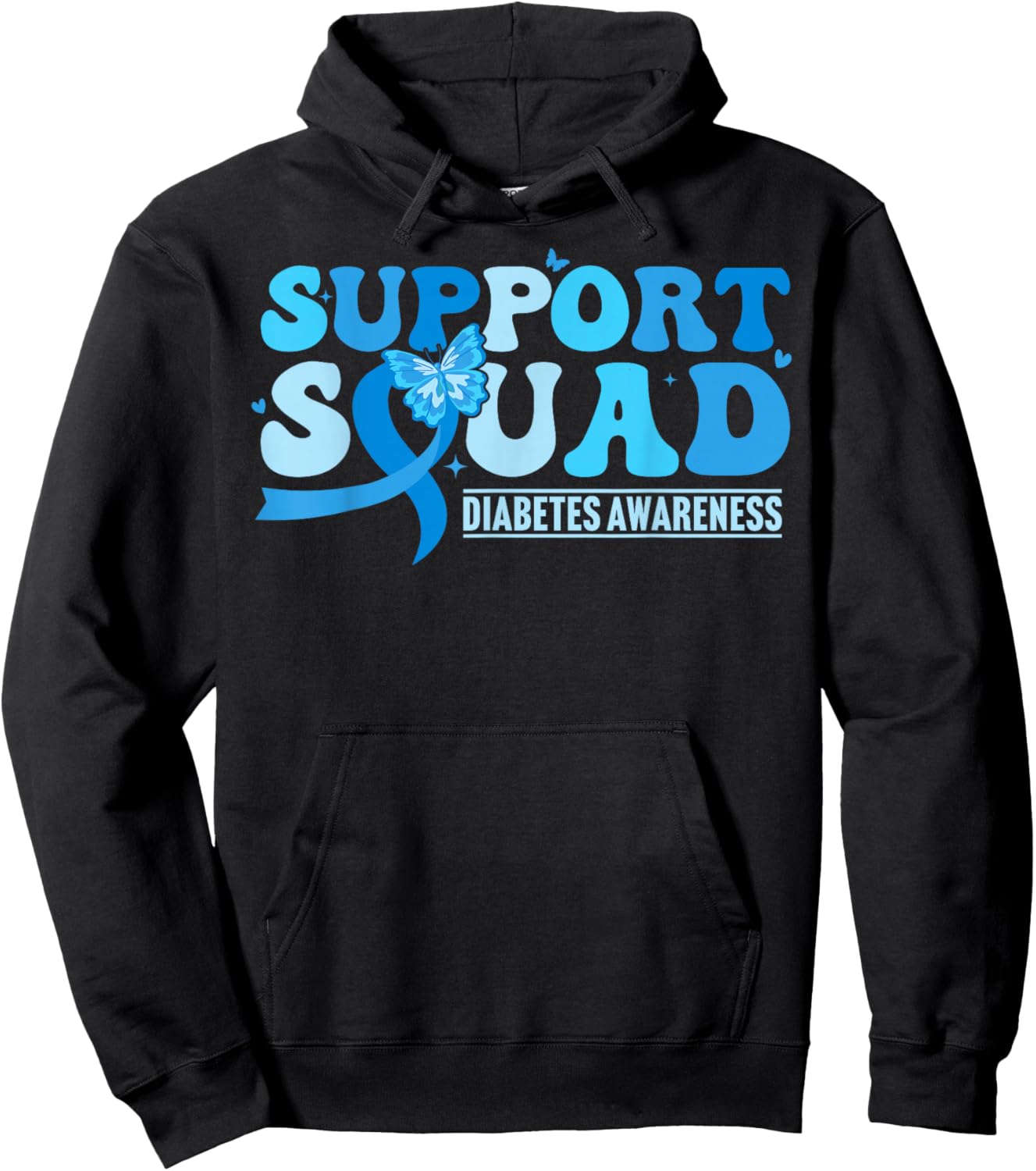 Diabetes Awareness Support Squad T1D Blue Butterfly Ribbon Hoodie - Hoodie | Black