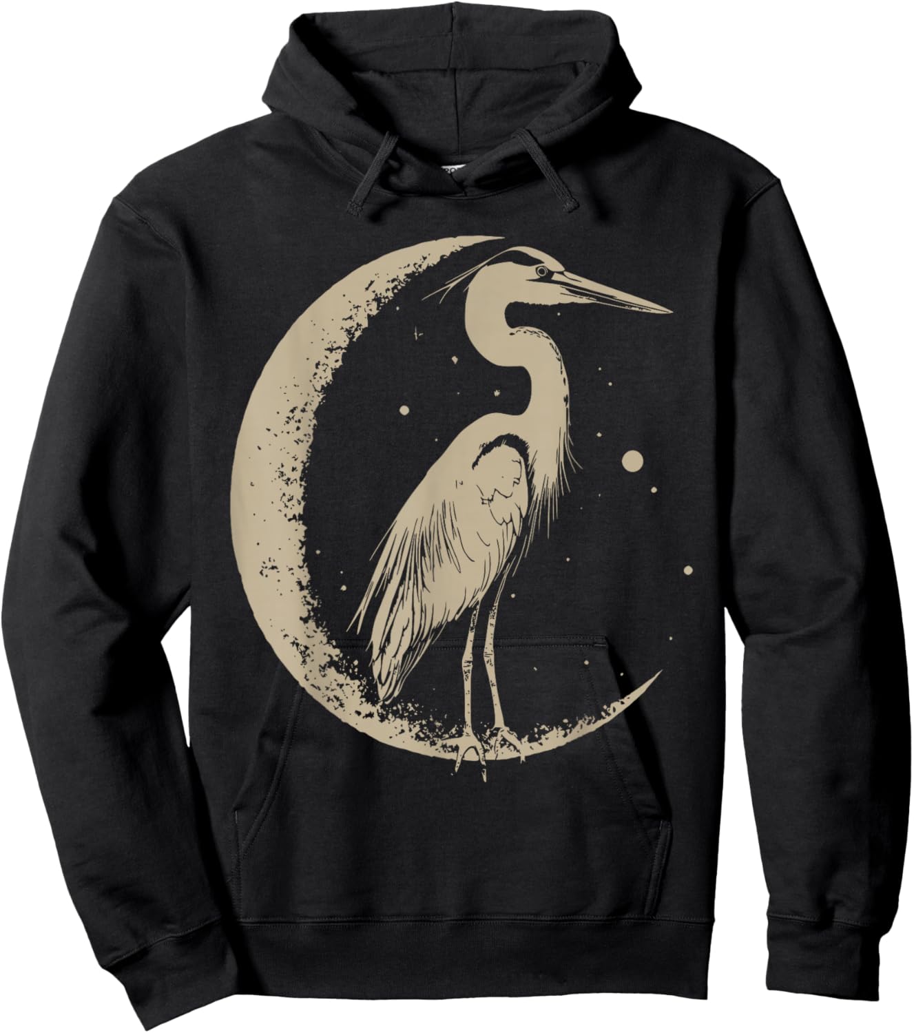 Blue Heron Bird Linocut Folk Art with Moon Crescent Birding Hoodie - Hoodie | Black