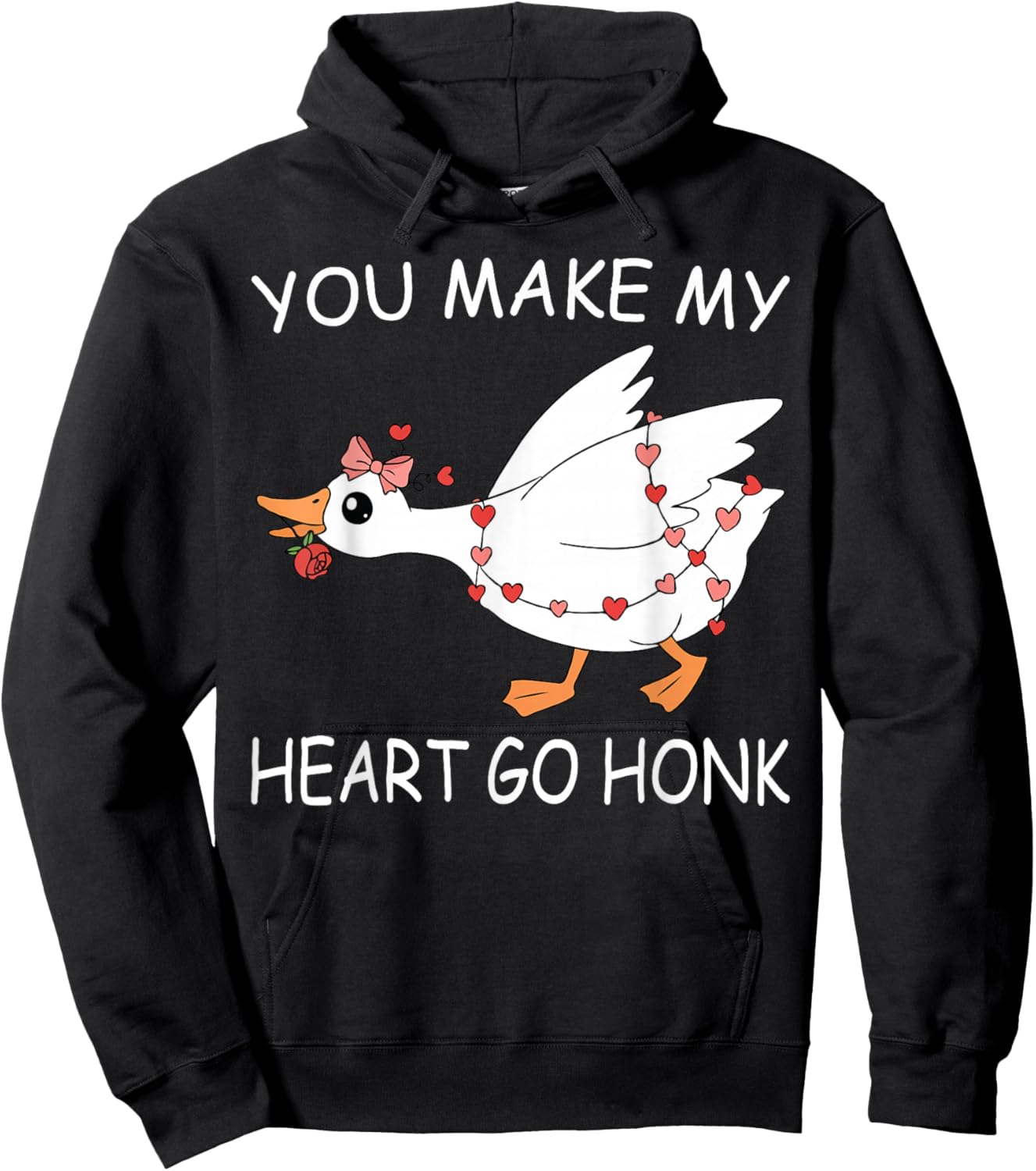 You Make My Heart Go Honk Valentine Cute Goose Coquette Bow Hoodie - Hoodie | Black