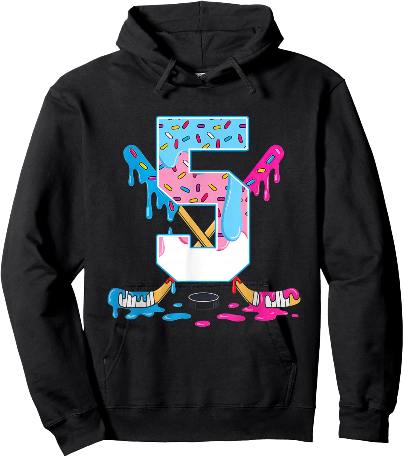 Hockey 5 Years Old Ice Cream Drip 5th Birthday Kids Gift Hoodie - Hoodie | Black