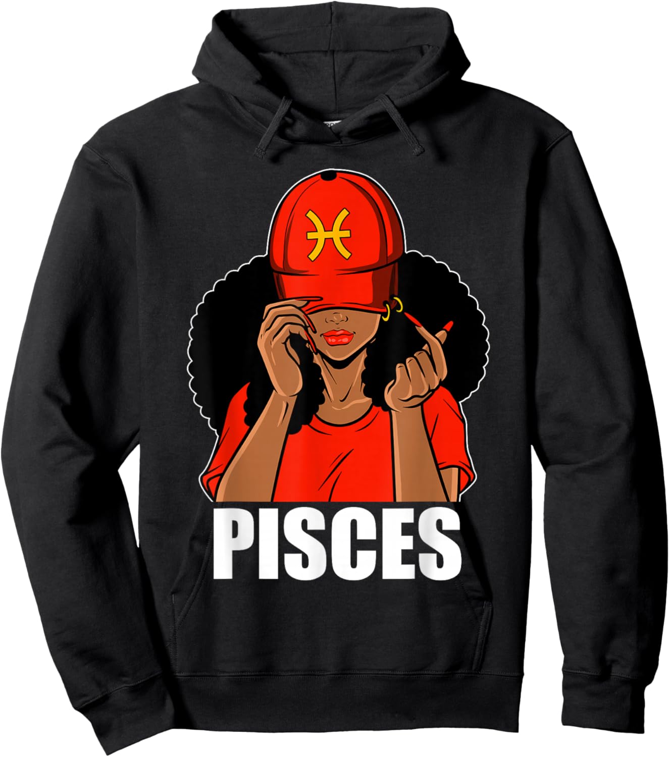 Pisces Black Girl Red Cap Afro Woman Black Queen Hoodie - Hoodie | Black