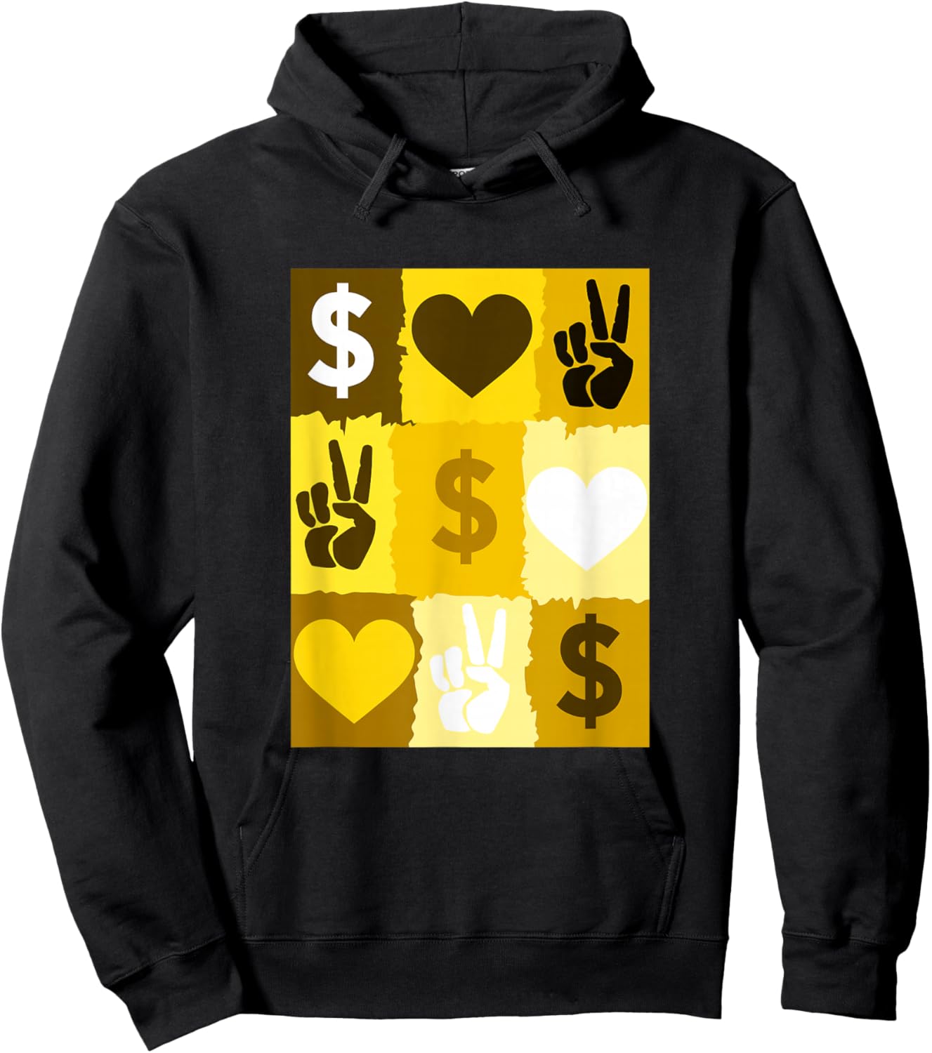 University Varsity-Gold Color Peace Love Money Grid Yellow Hoodie - Hoodie | Black