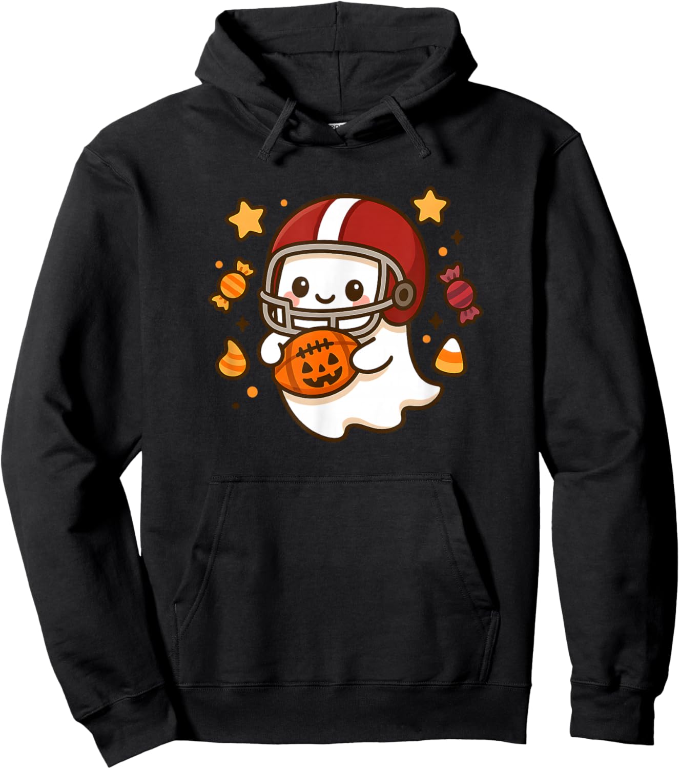 Cute Ghost Football Player Halloween Kawaii Pumpkin Kids Hoodie - Hoodie | Black