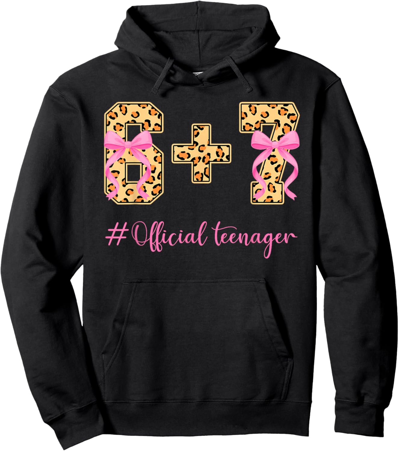 13th Birthday Girl Pink Coquette Bow Leopard 6+7 Year Old Hoodie - Hoodie | Black