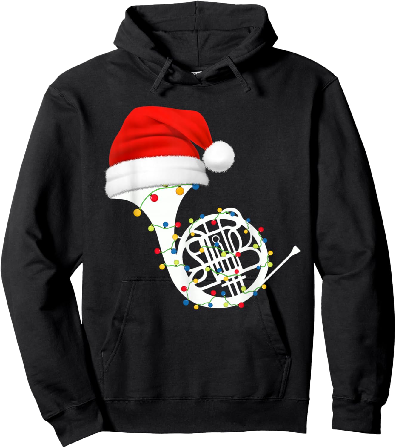 French Horn Christmas Santa Hat Lights Music Lover Xmas Hoodie - Hoodie | Black