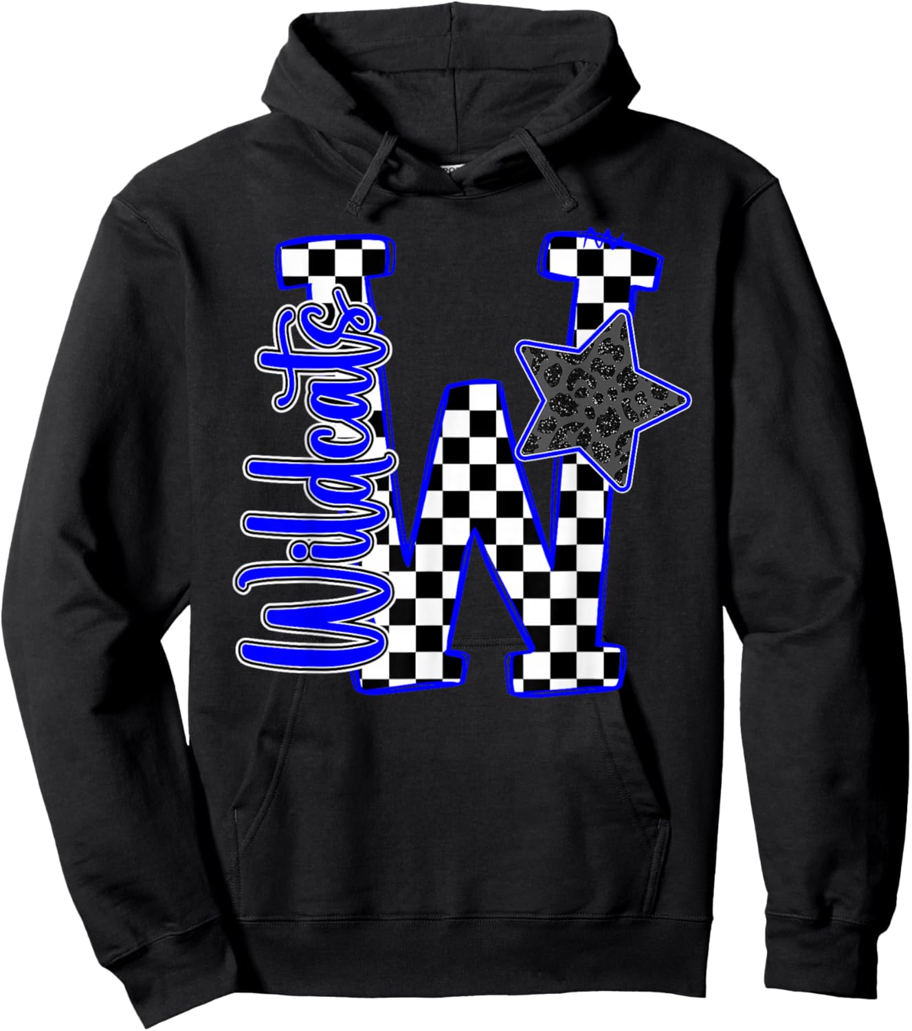 Blue Wildcats Checkered Print Star Leopard School Spirit Hoodie - Hoodie | Black