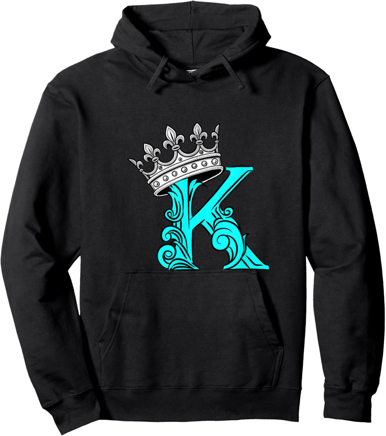 Turquoise Color Letter K Initial + Crown Turquoise Graphic Hoodie - Hoodie | Black