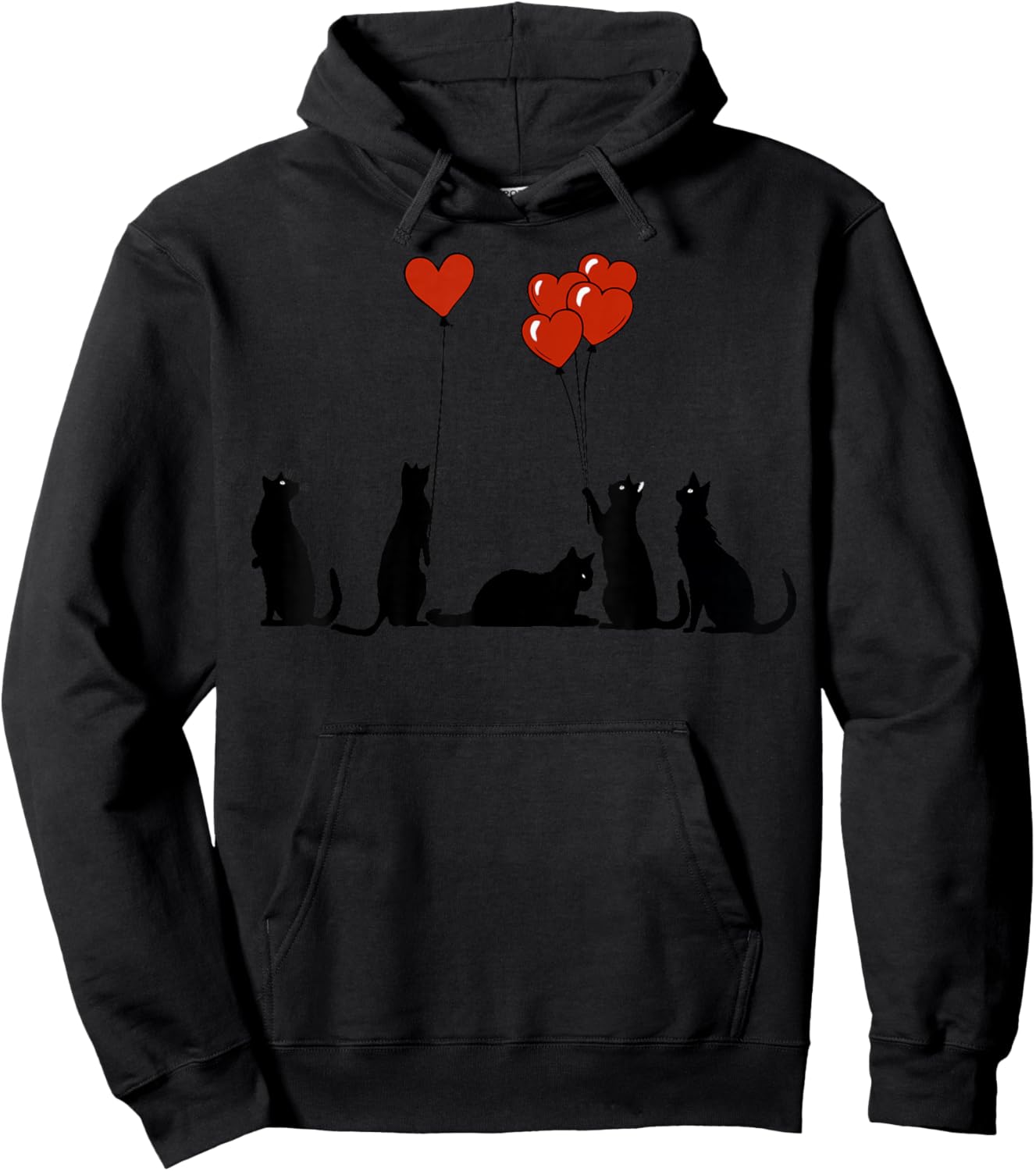 Funny Curious Black Cat Hearts Balloons Valentine's Lazy Cat Hoodie - Hoodie | Black