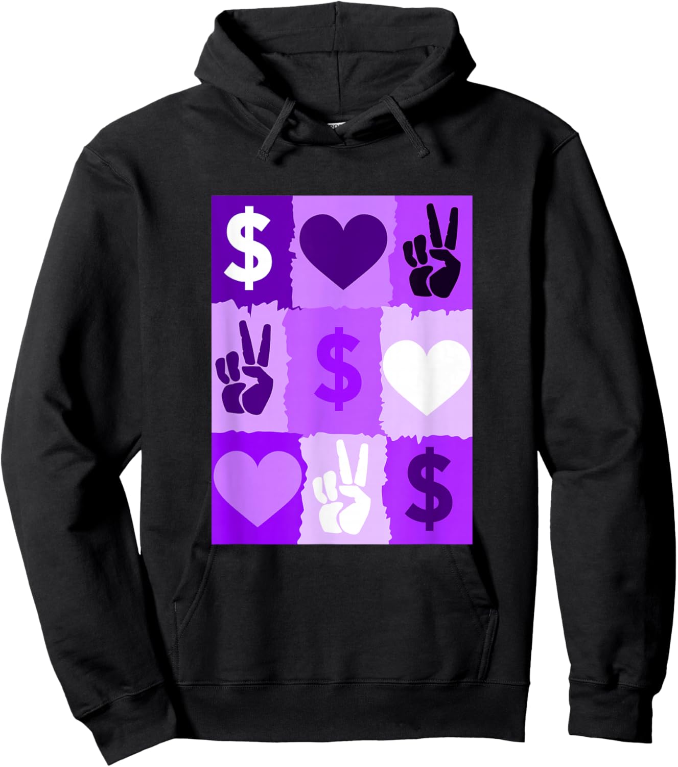 Purple Color Peace Love Money Grid Purple Graphic Hoodie - Hoodie | Black