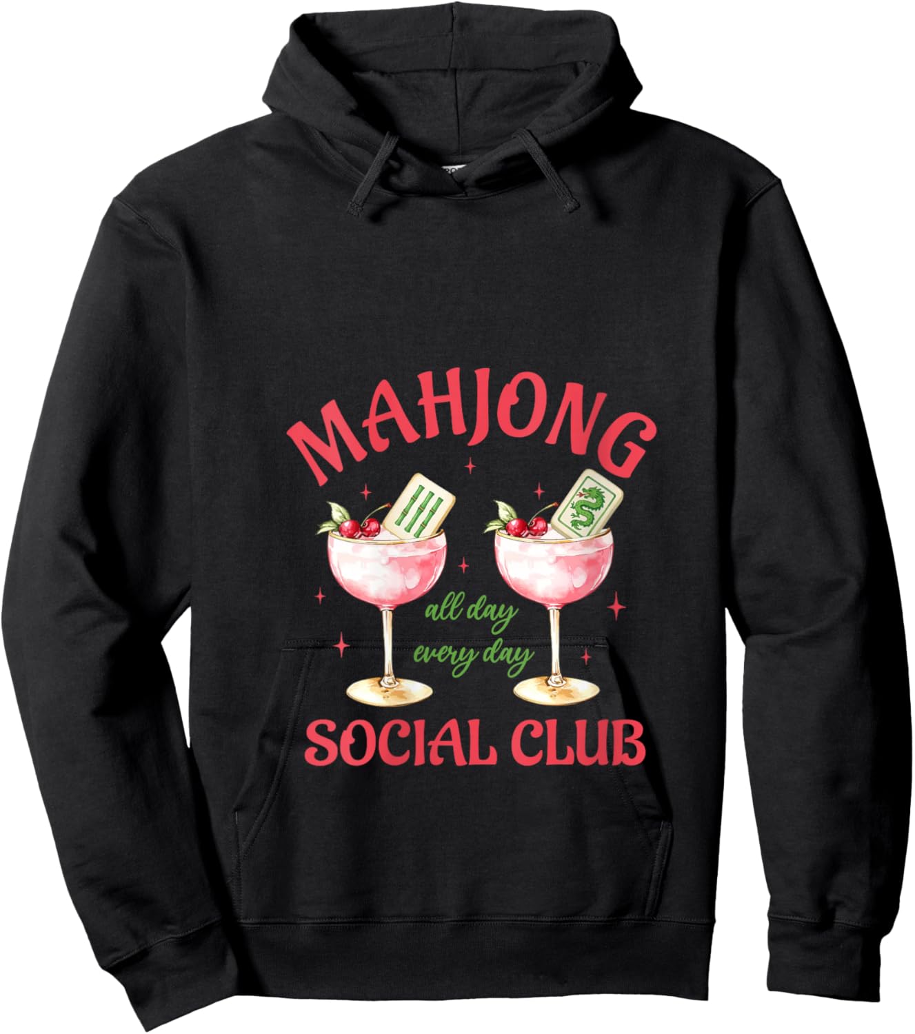 Women's Mahjong Social Club Aesthetic Pink Cocktails Mahjong Lover V-Neck Hoodie - Hoodie | Black