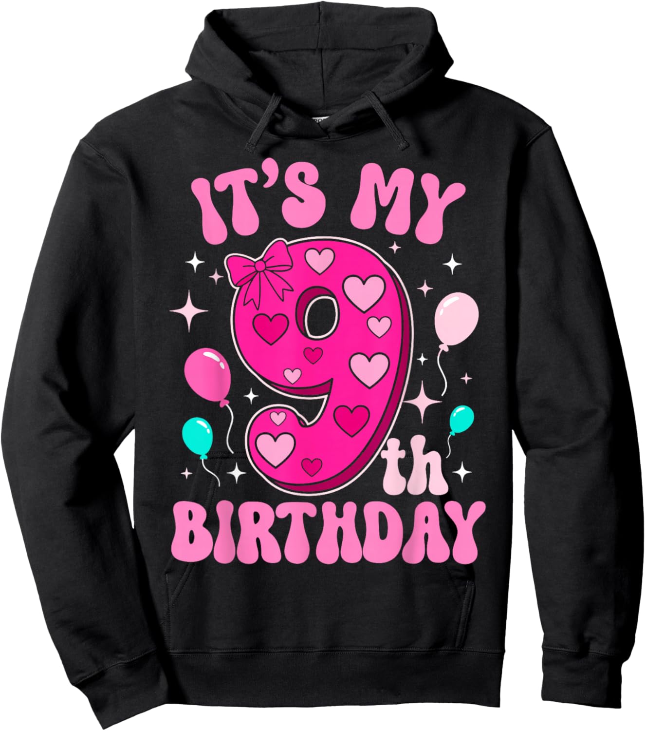 9 Year Old Pink Coquette Bow It's My 9th Birthday Girl Hoodie - Hoodie | Black