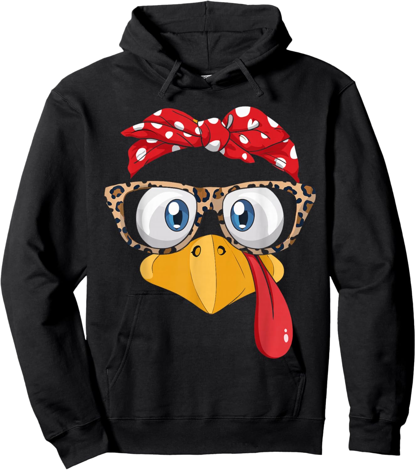 Thanksgiving Turkey Face Leopard with Glasses Bow Women Girl Hoodie - Hoodie | Black