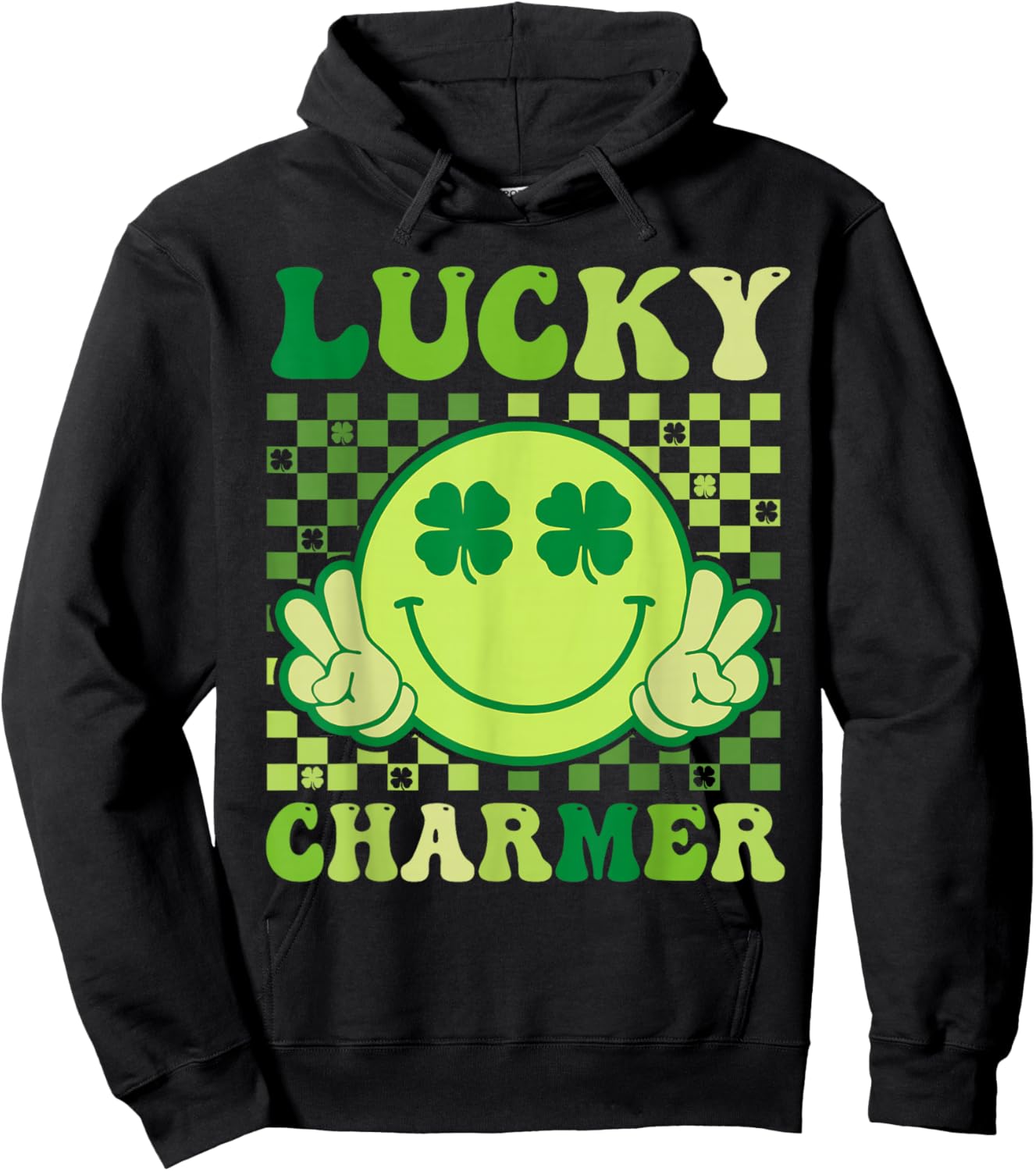 Lucky Charmer Retro Smile Face Shamrock St Patricks Day Hoodie - Hoodie | Black
