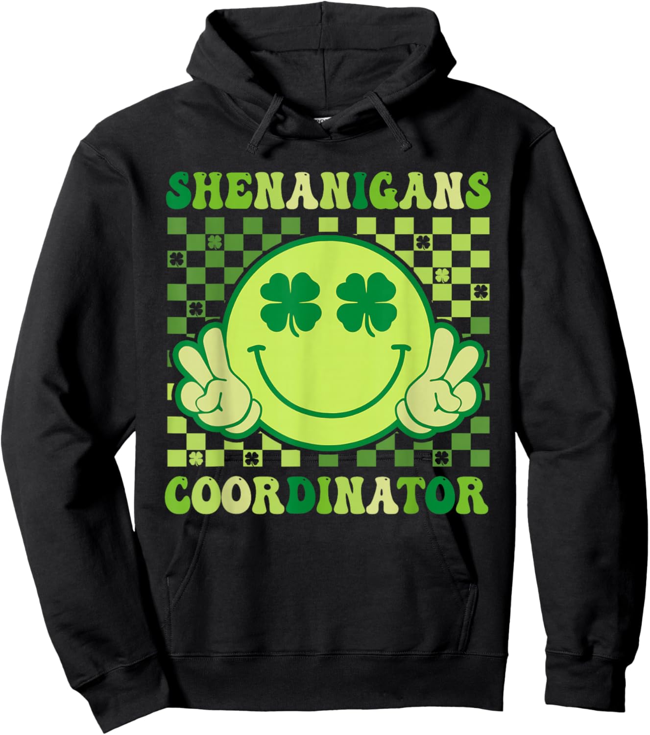 Shenanigans Coordinator Retro Smile Shamrock St Patricks Day Hoodie - Hoodie | Black