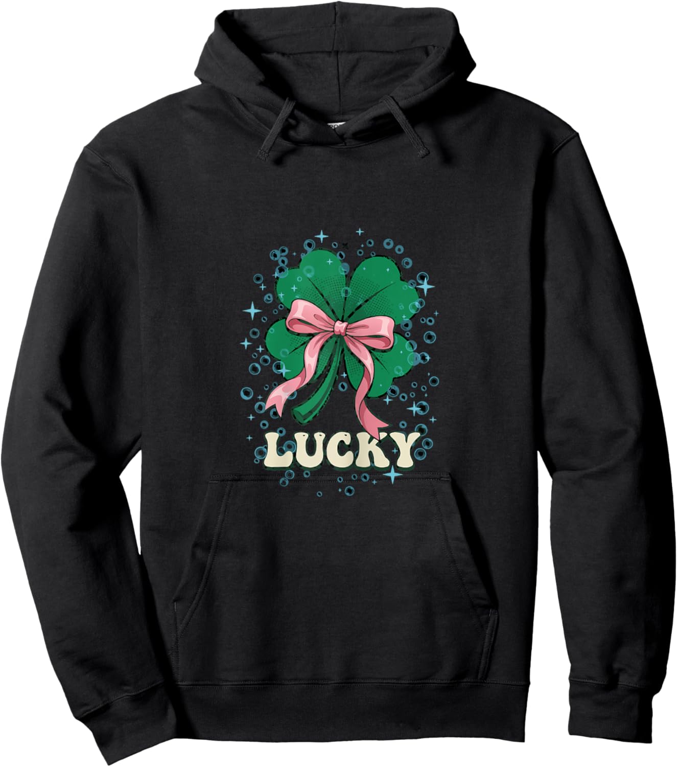 St Patricks Day Retro Coquette Bow Lucky Sparkle Shamrock Hoodie - Hoodie | Black