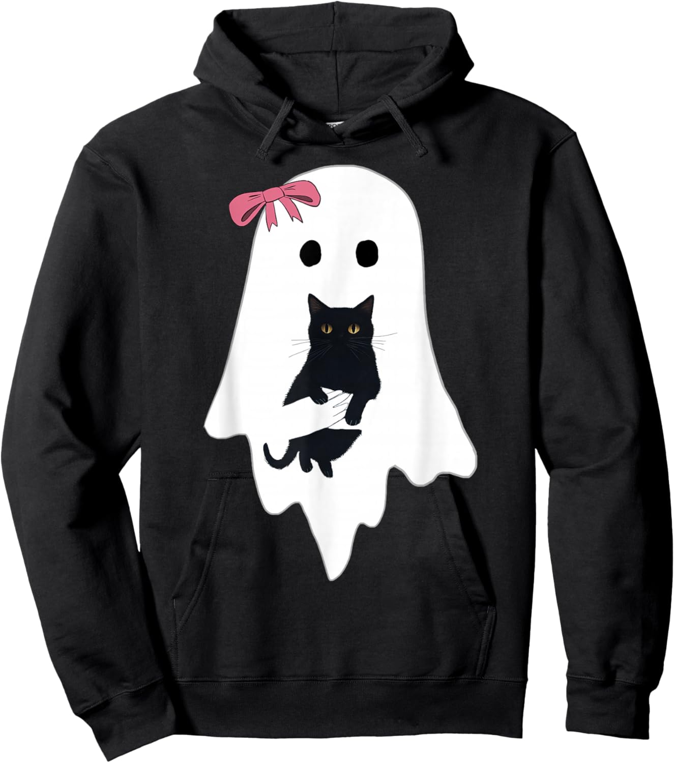Cute Ghost Black Cat Pink Bow Funny Vintage Spooky Halloween Hoodie - Hoodie | Black