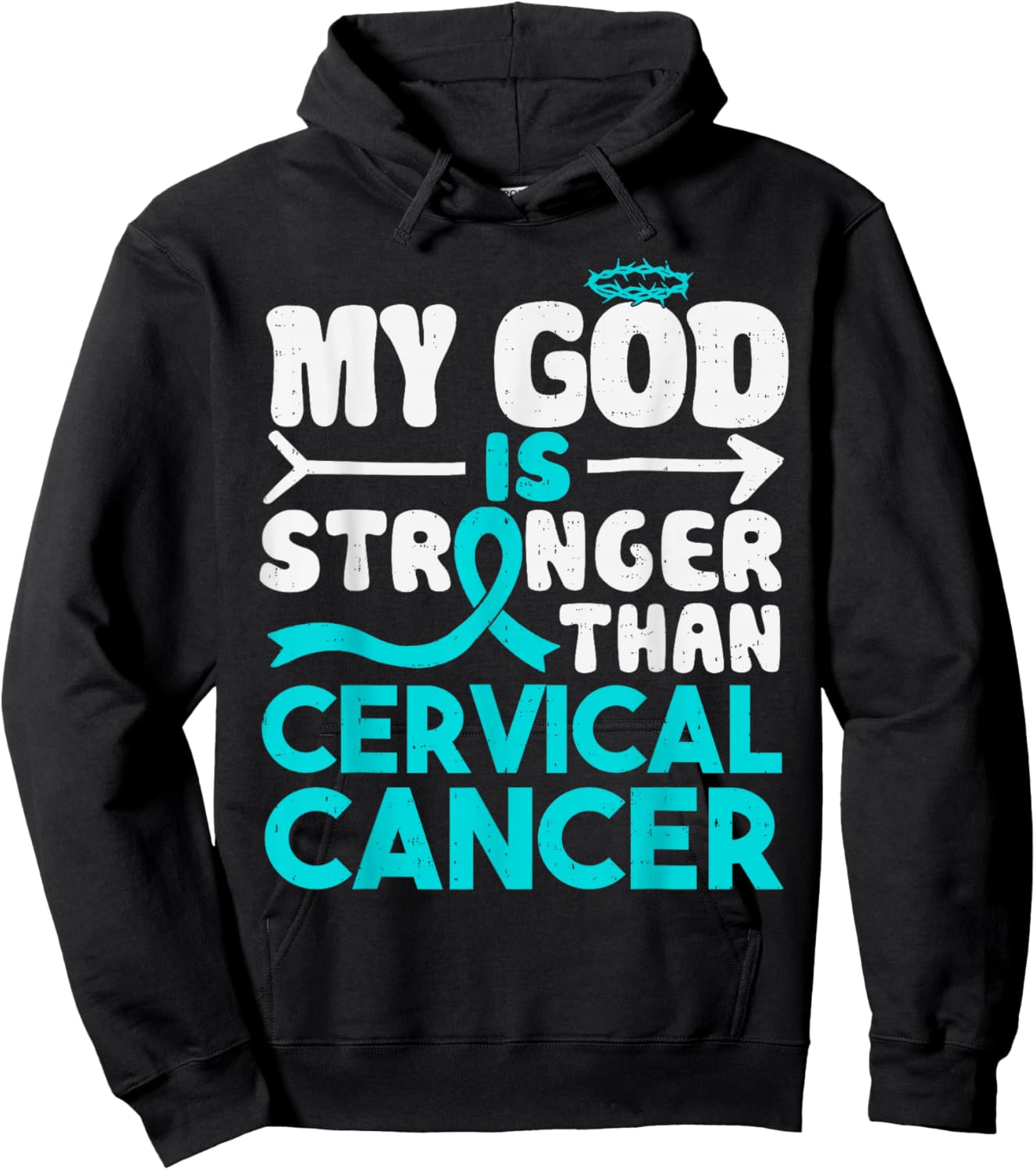 God Stronger Cervical Cancer Awareness Christian Ribbon Teal Hoodie - Hoodie | Black