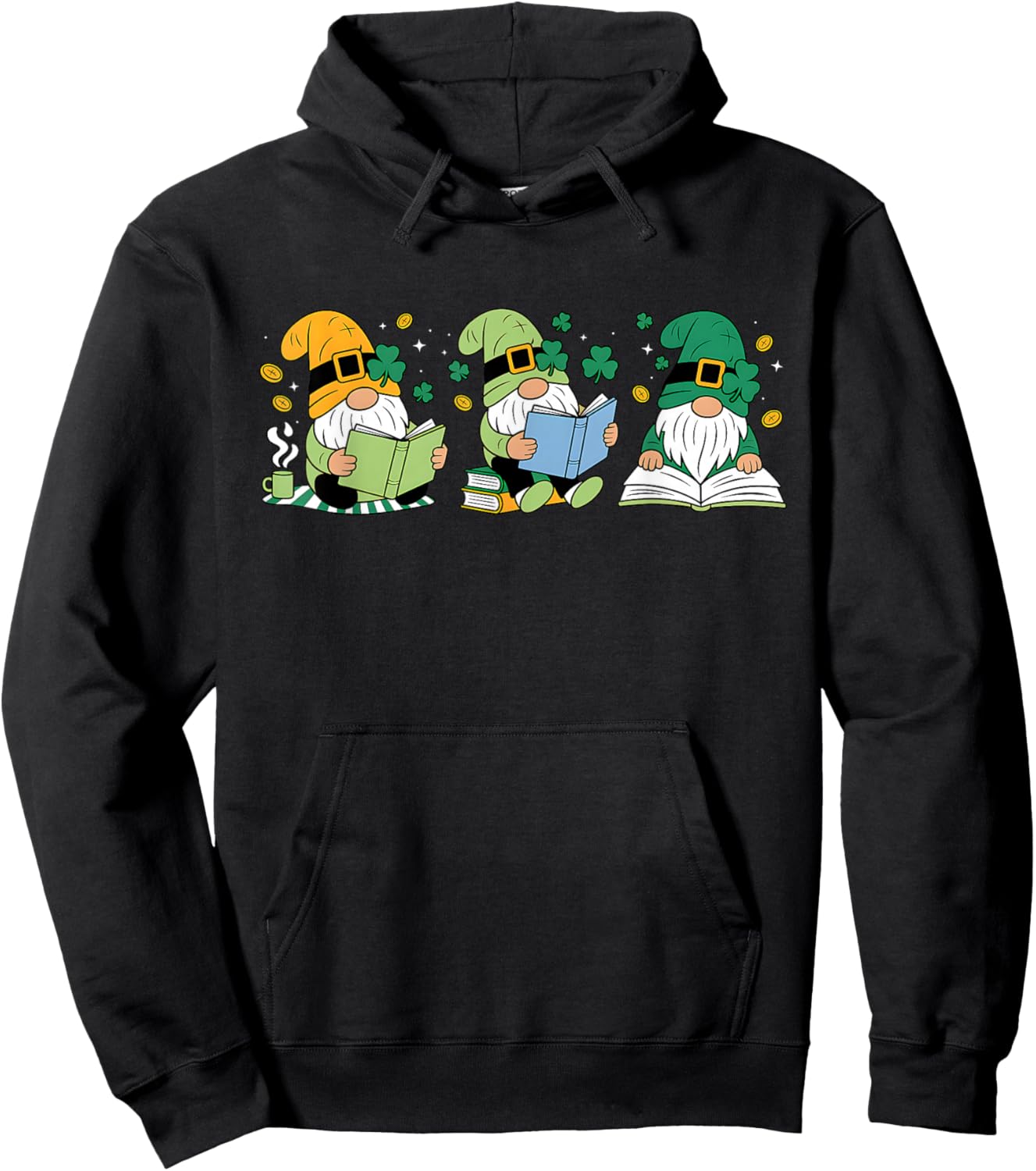 Gnomes Reading Books Teacher St Patricks Day Shamrock Irish Hoodie - Hoodie | Black