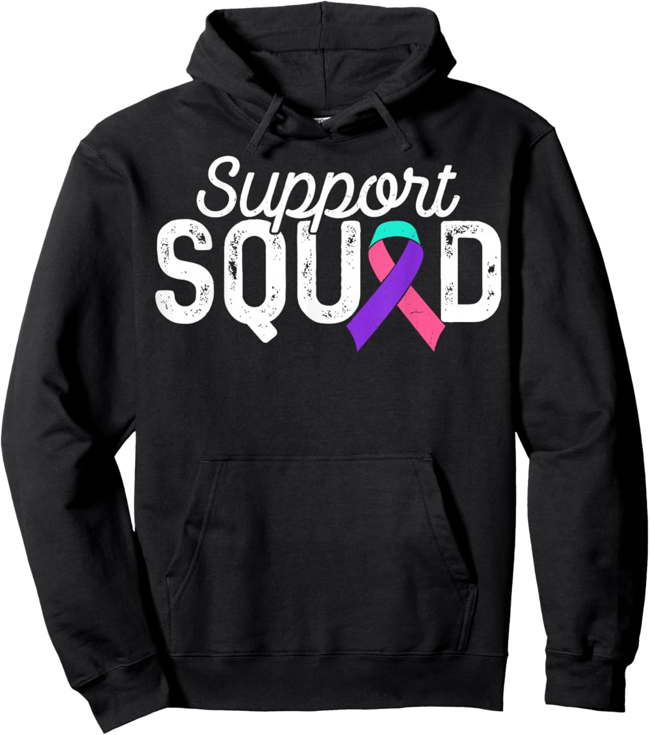 Teal Pink Blue Ribbon Support Squad Thyroid Cancer Awareness Hoodie - Hoodie | Black