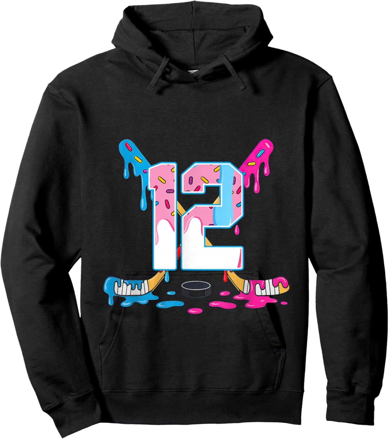 Hockey 12 Years Old Ice Cream Drip 12th Birthday Kids Gift Hoodie - Hoodie | Black