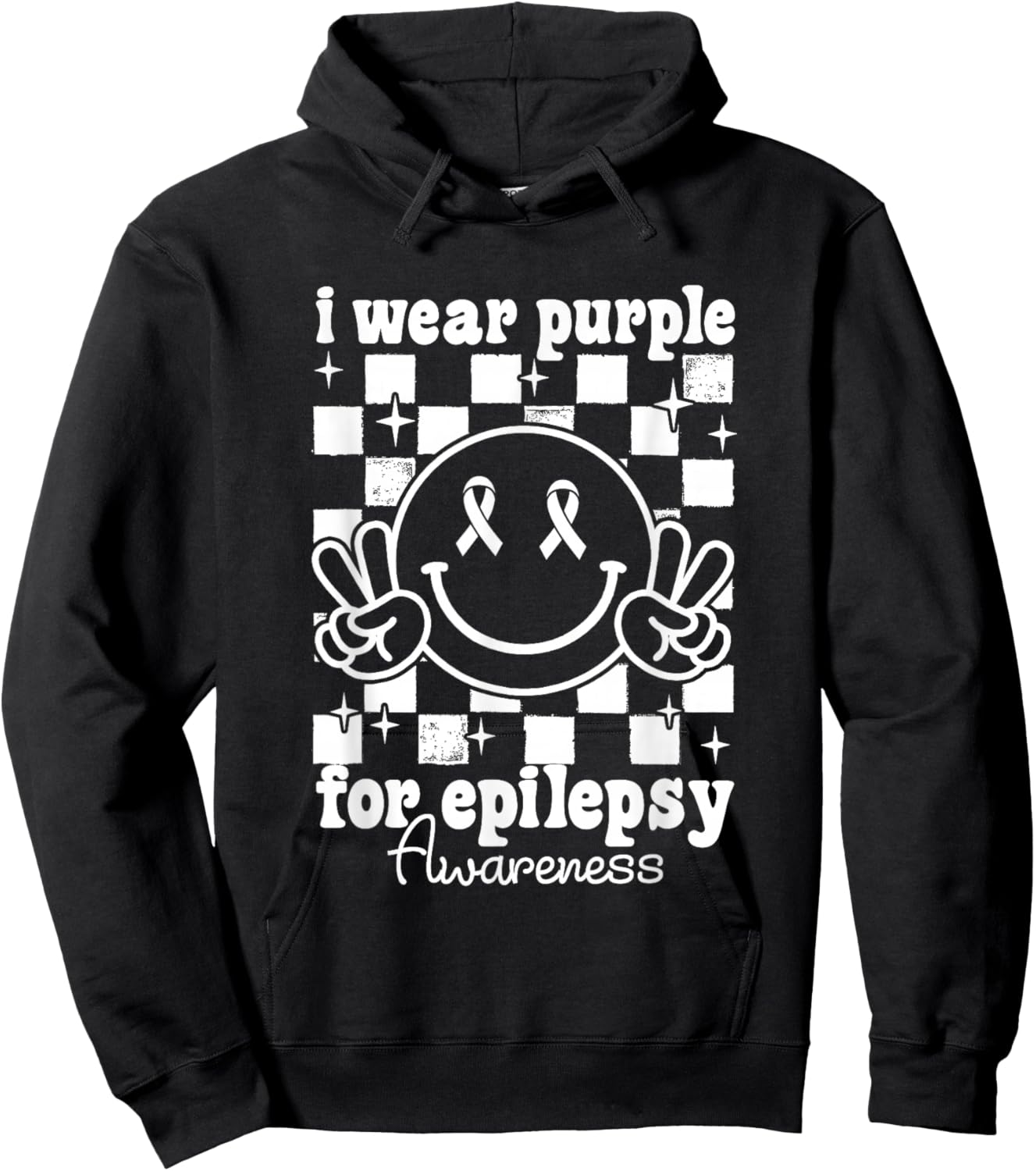 I Wear Purple for Epilepsy Awareness Checkered Smile Face Hoodie - Hoodie | Black