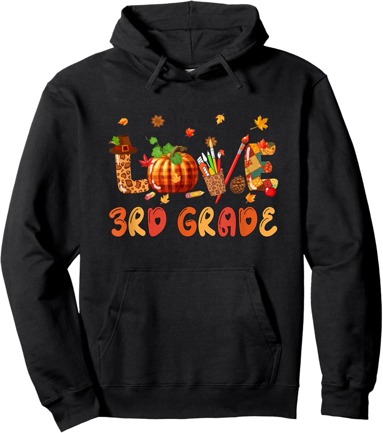 Love 3rd Grade Thanksgiving Leopard Fall Leaves Teachers Hoodie - Hoodie | Black