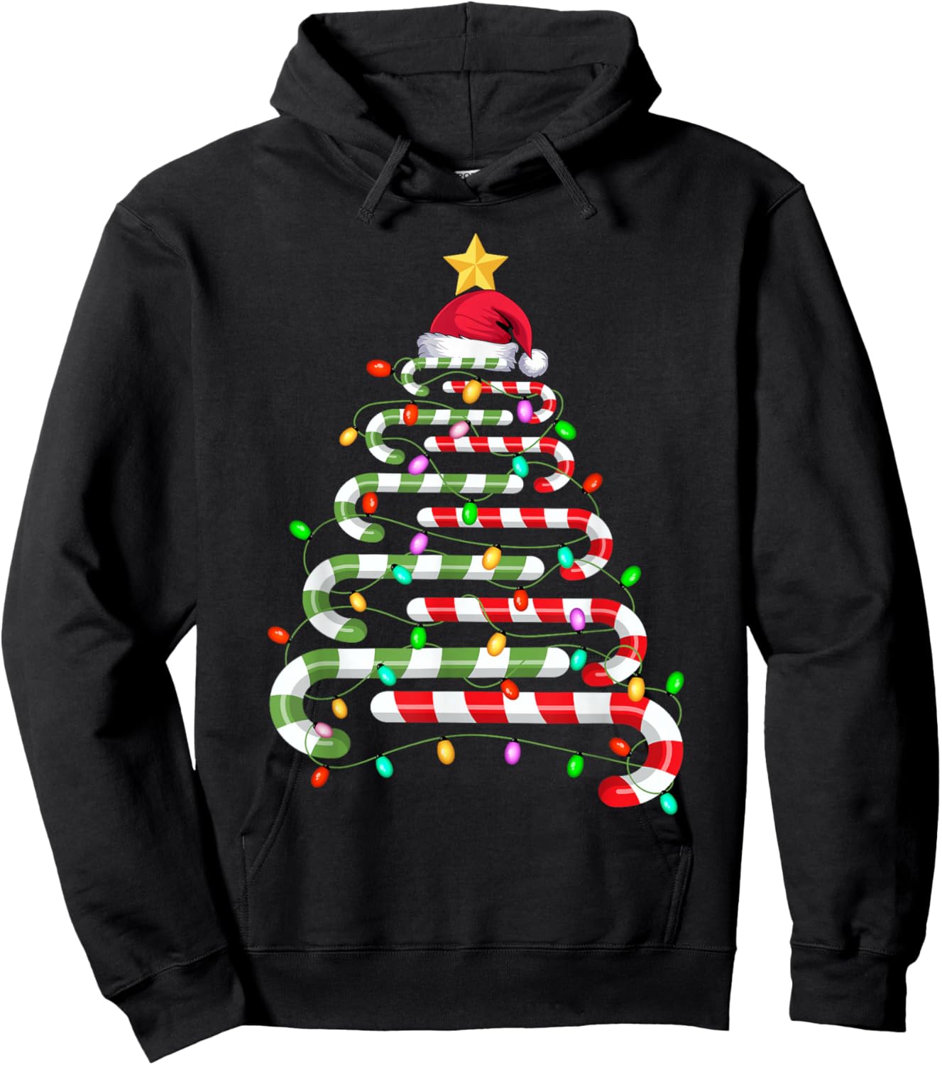 Candy Cane Christmas Tree Lights Men Women Kids Xmas Hoodie - Hoodie | Black