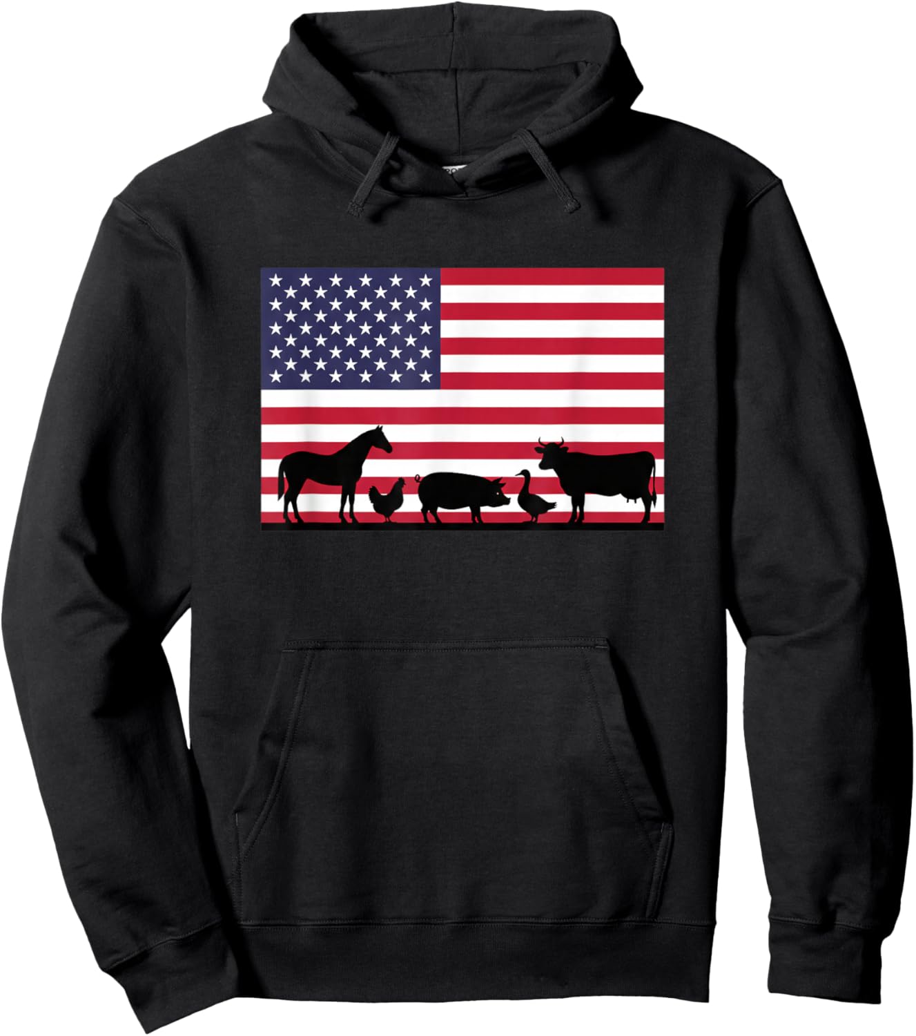 American Flag Farm Animals Horse Cow Pig Chicken Patriotic Hoodie - Hoodie | Black