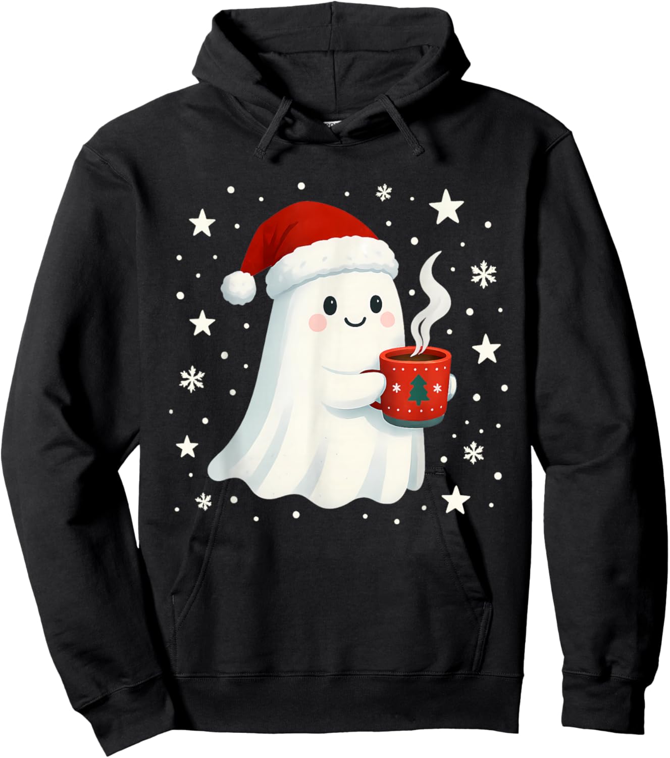 Cute Christmas Ghost with Hot Cocoa Santa Hat Winter Holiday Hoodie - Hoodie | Black