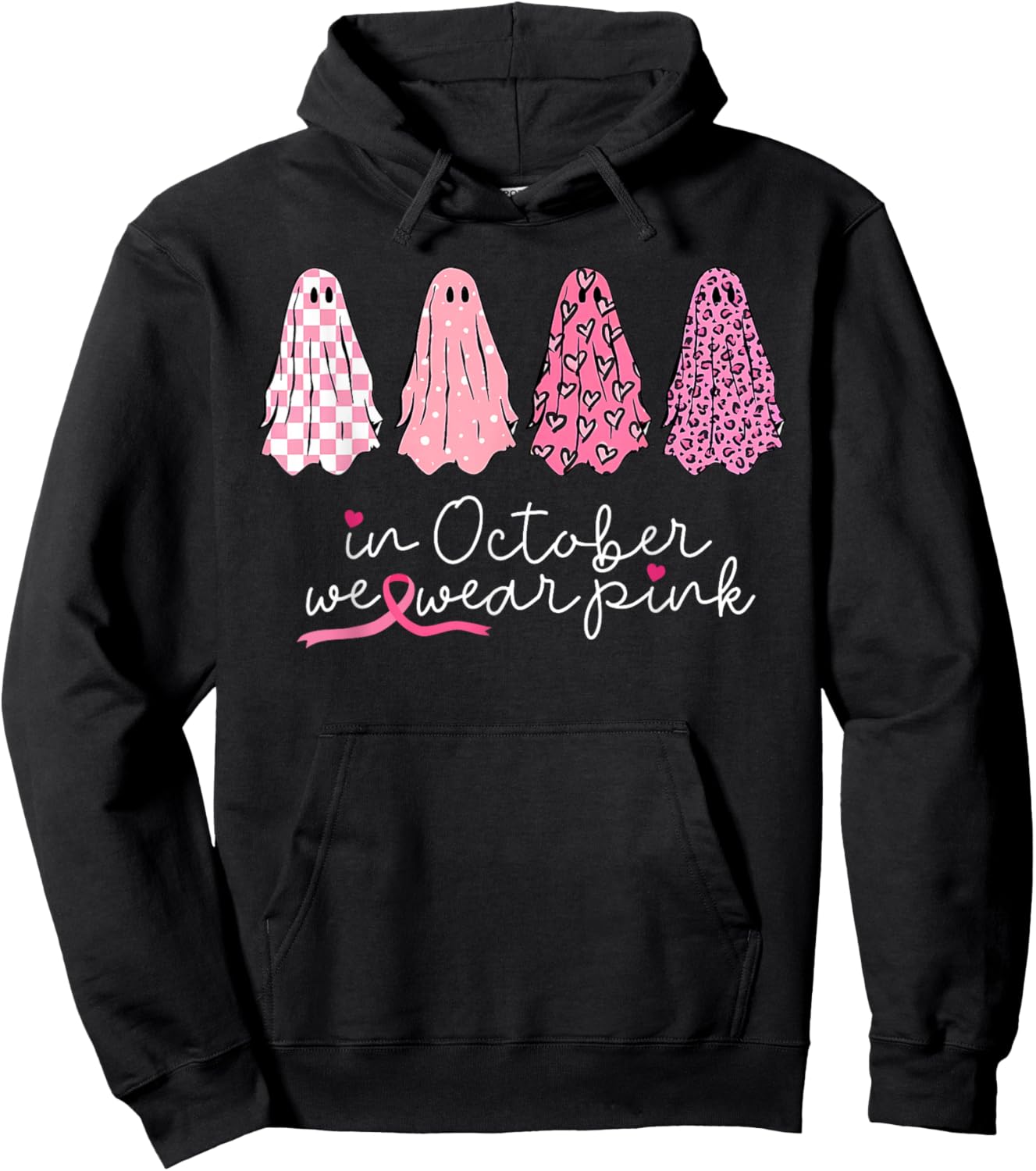 in October We Wear Pink Ghosts Halloween Breast Cancer Hoodie - Hoodie | Black