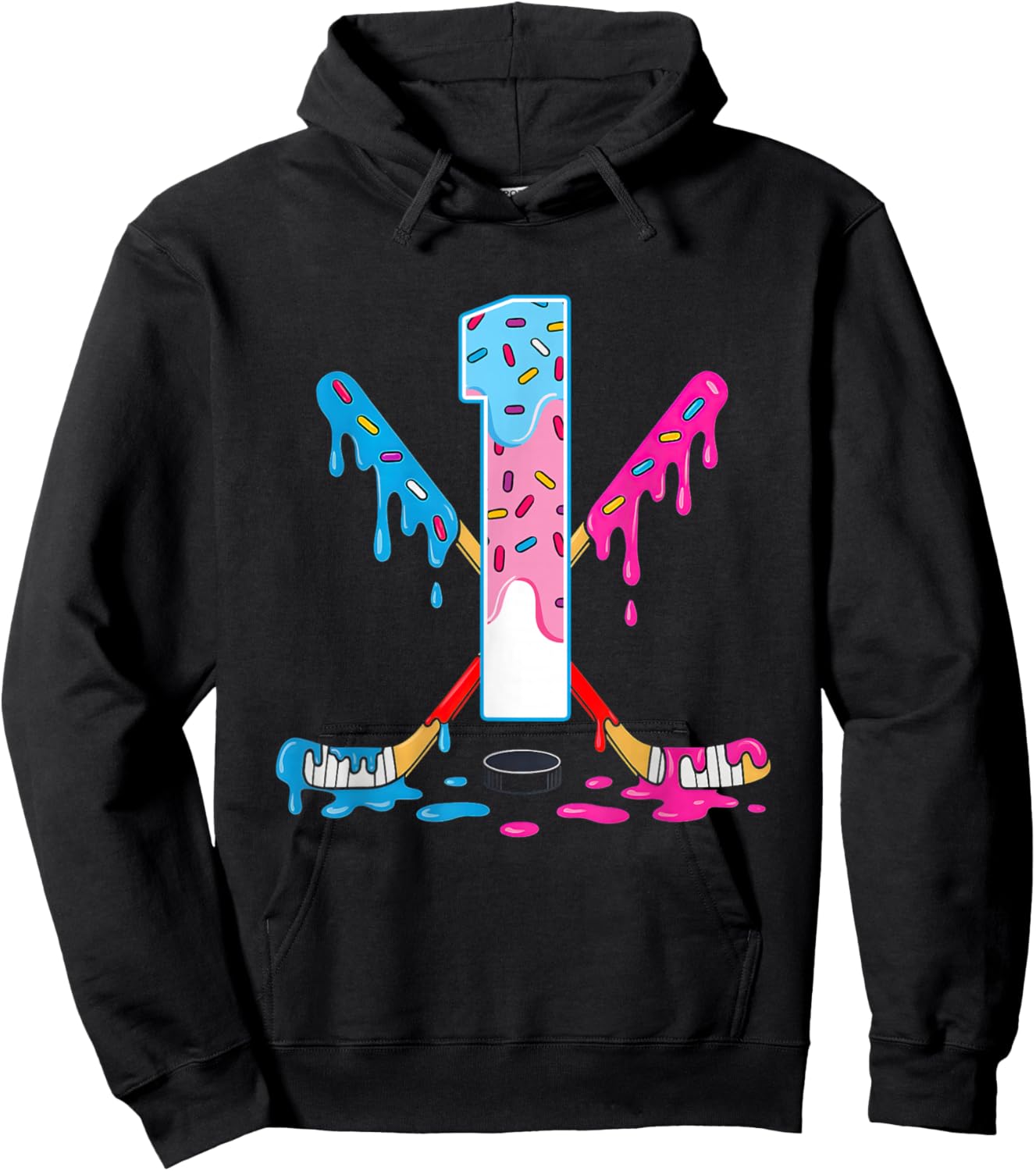 Hockey 1 Years Old Ice Cream Drip 1st Birthday Kids Gift Hoodie - Hoodie | Black