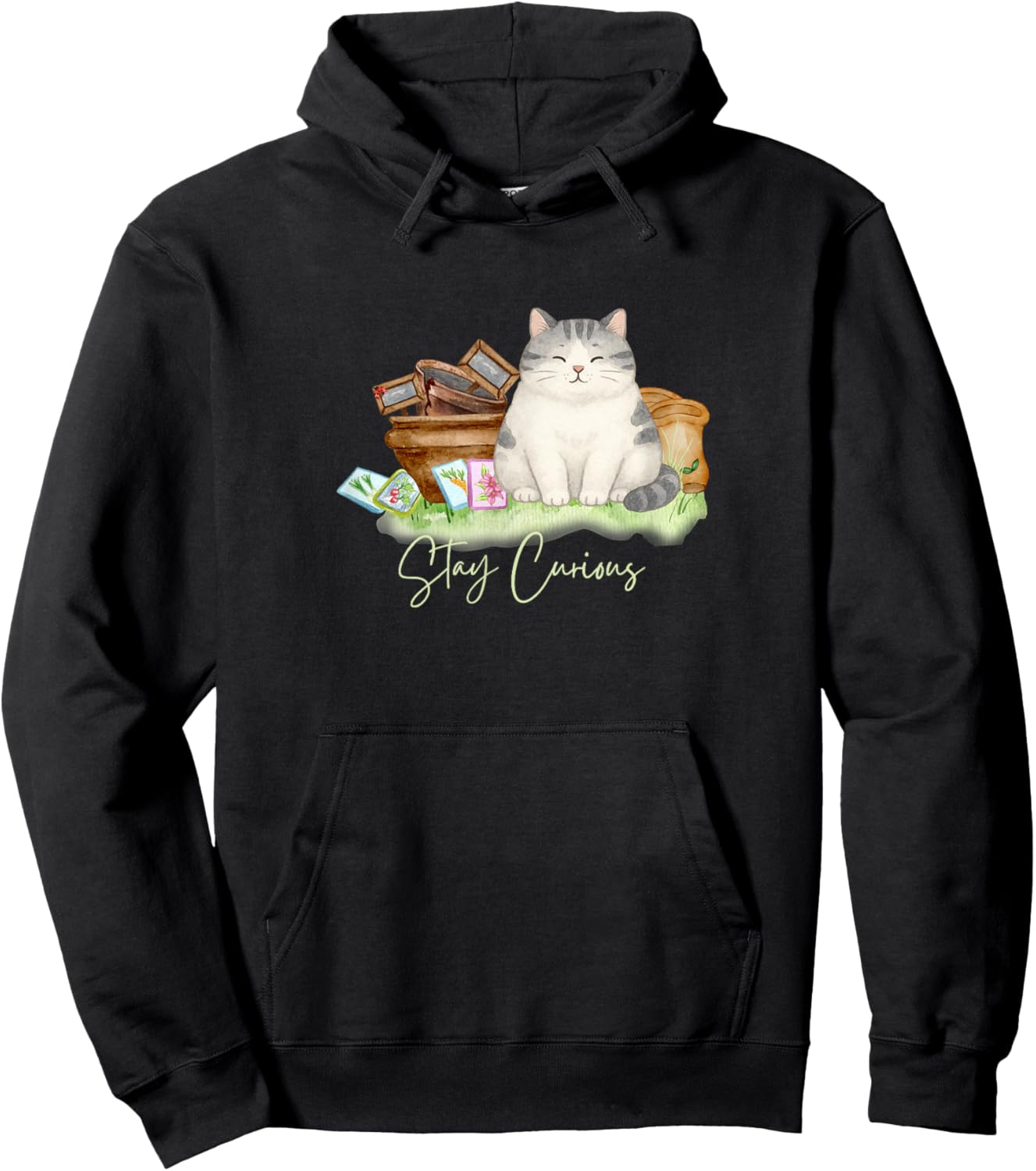 Stay Curious Cat – Whimsical Garden Art Hoodie - Hoodie | Black