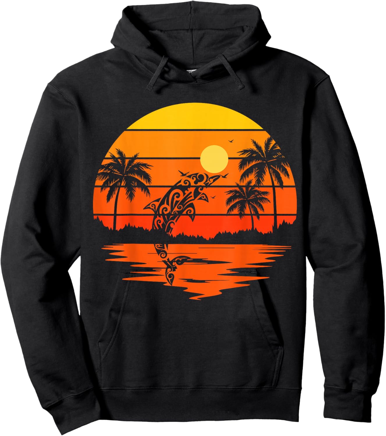Dolphin Retro Sunset Tropical Beach Vibes Islands Hawaii Hoodie - Hoodie | Black