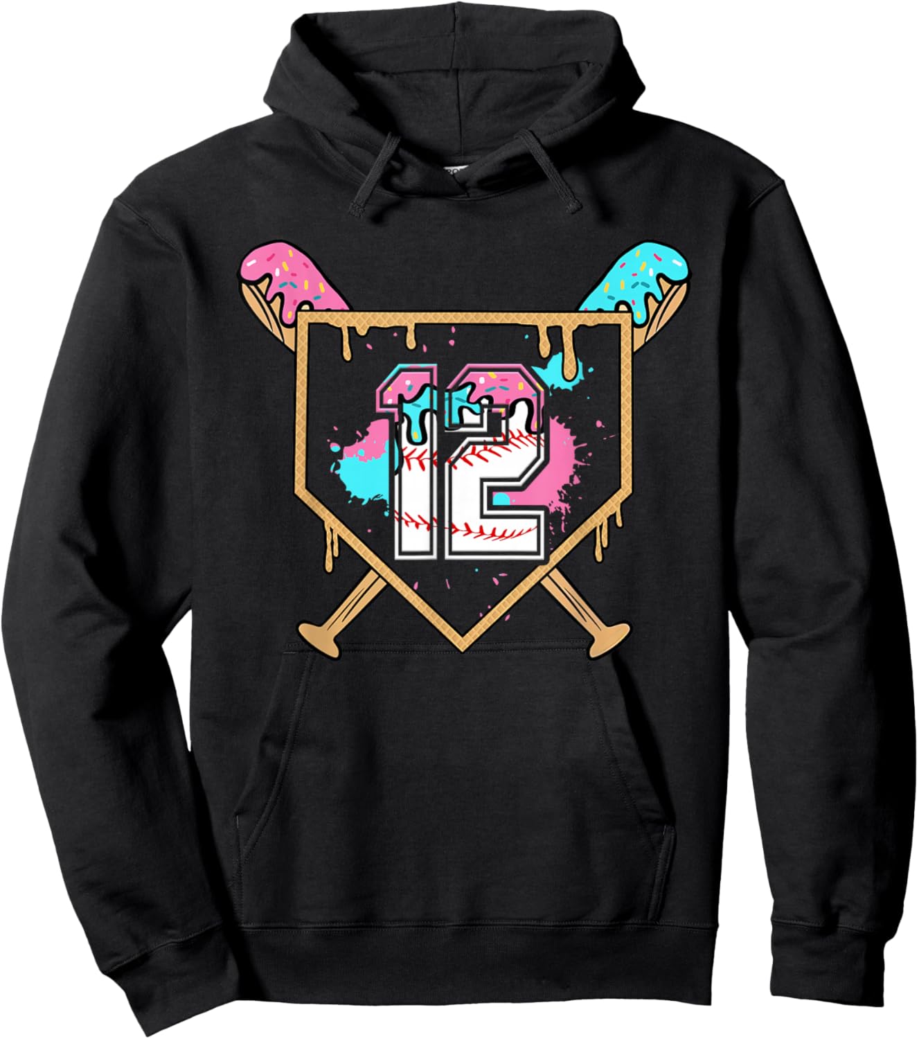 12th Birthday Baseball Bat Ice-Cream Drip 12yrs Old Boy Kid Hoodie - Hoodie | Black