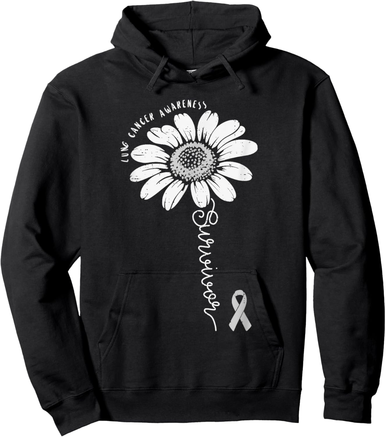 Lung Cancer Awareness Survivor Flower White Ribbon Support Hoodie - Hoodie | Black
