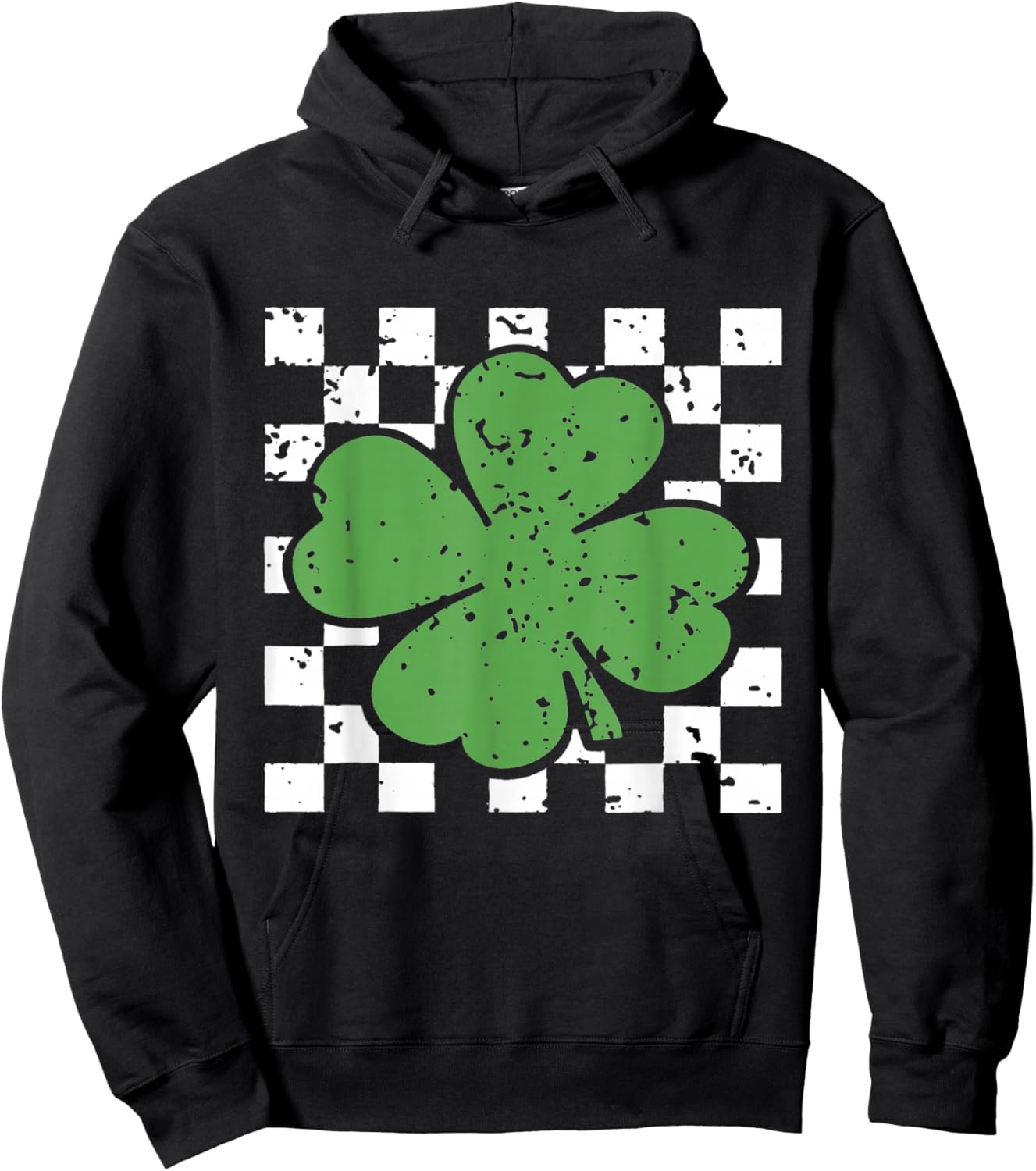 Vintage Four Leaf Clover Checkered Pattern Green Hoodie - Hoodie | Black