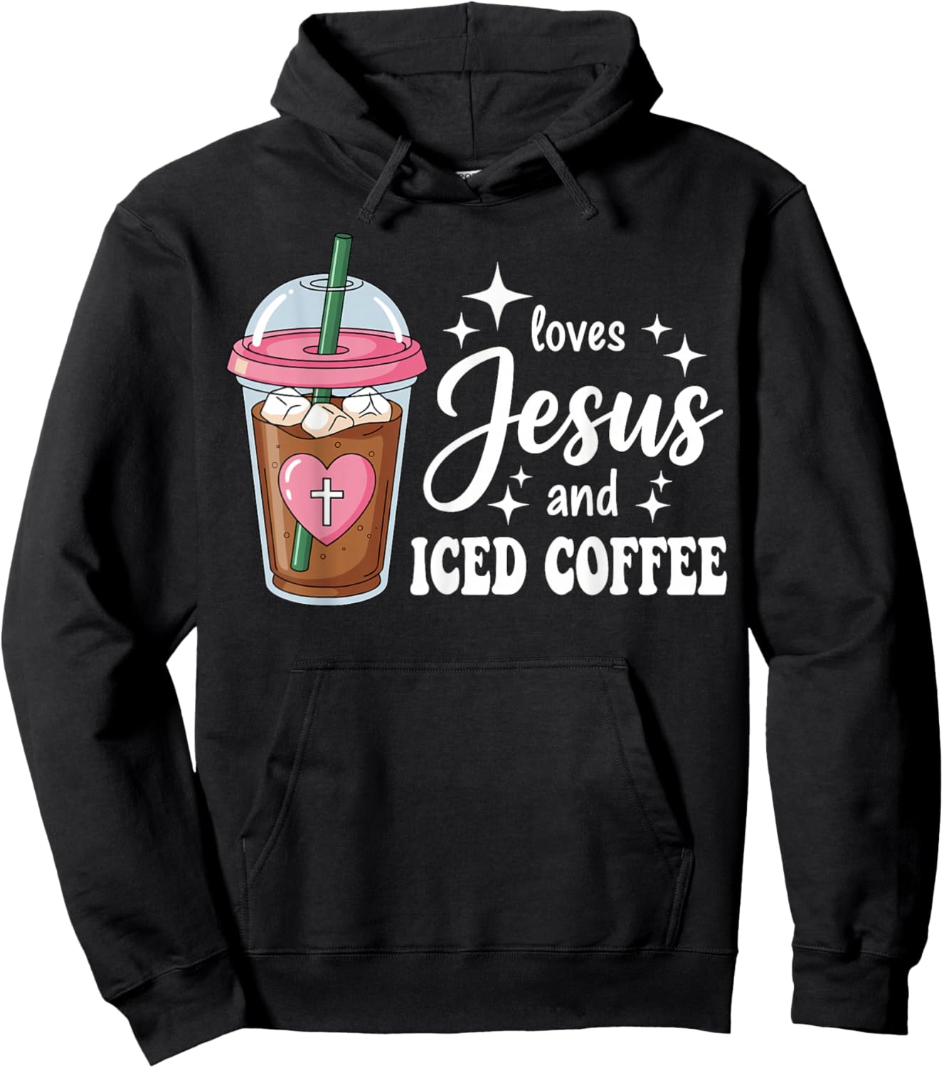 Cute Jesus and Iced Coffee Lover Christian Women Hoodie - Hoodie | Black